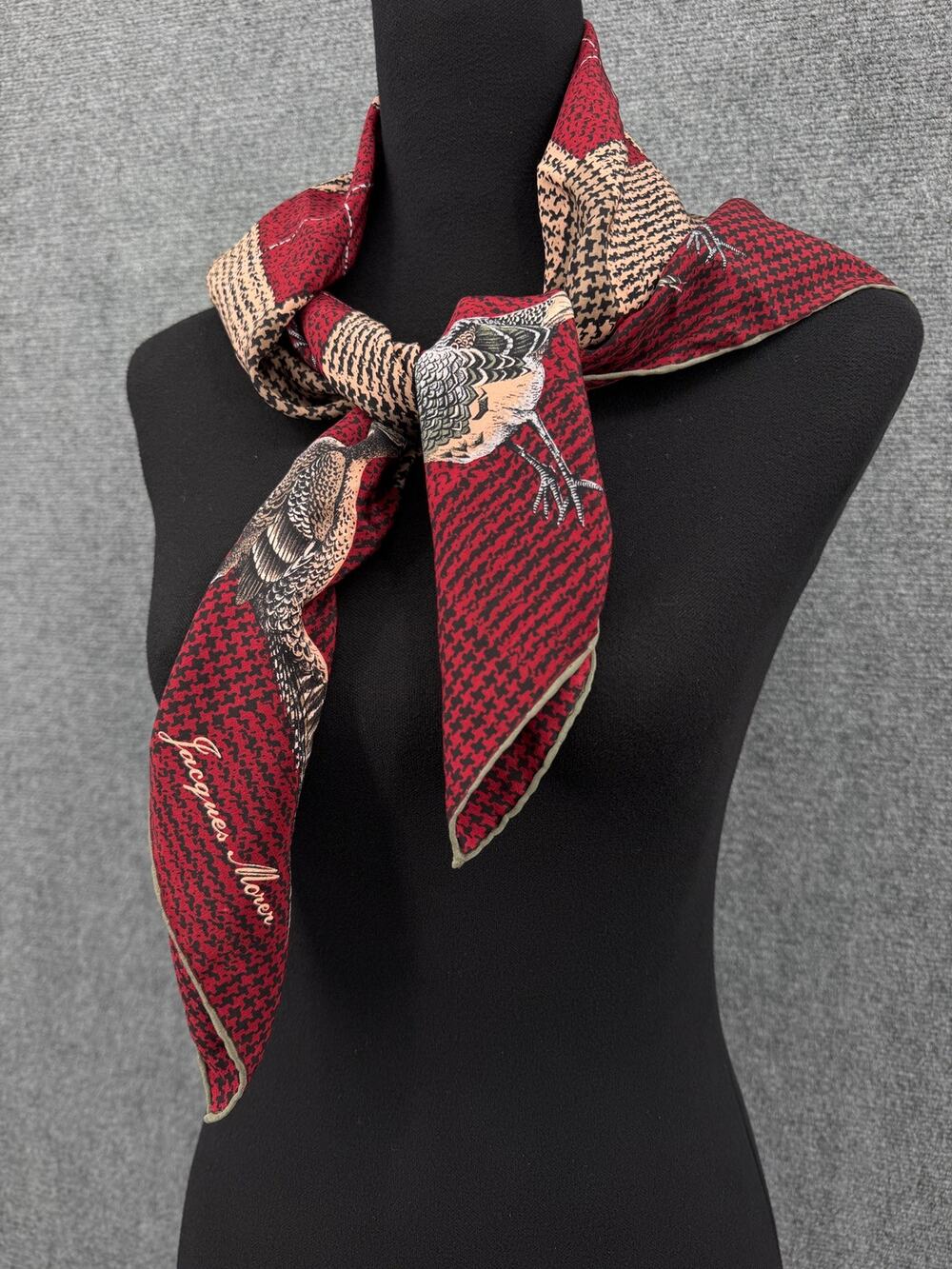 JACQUES MORER Plaid Pheasant Square Silk Scarf Maroon